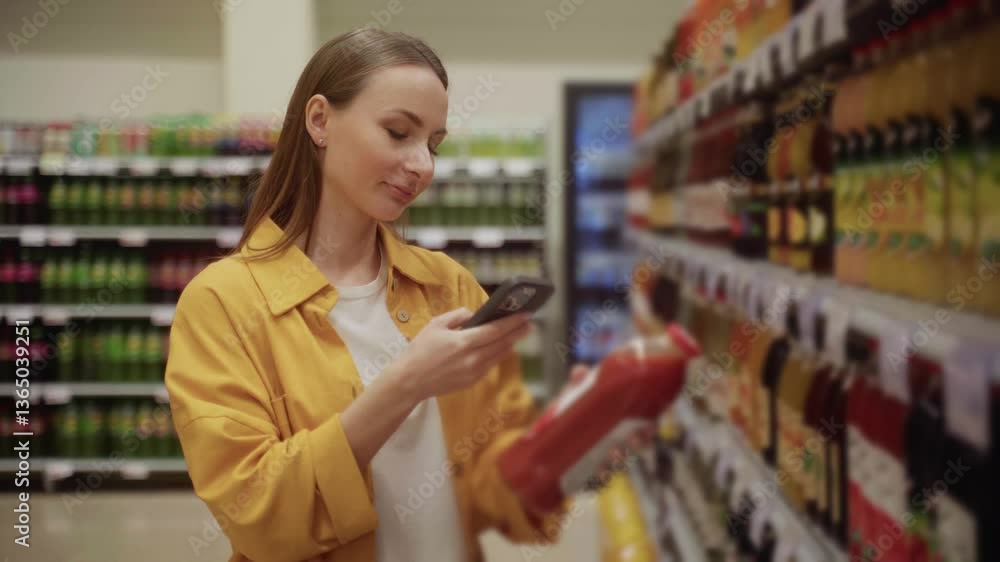 A woman stands in a grocery store aisle scanning a bottle of tomato juice while selecting products. She appears focused as she checks her options for a shopping trip. A woman stands in a grocery store aisle scanning a bottle of tomato juice while selecting products. She appears focused as she checks her options for a shopping trip.