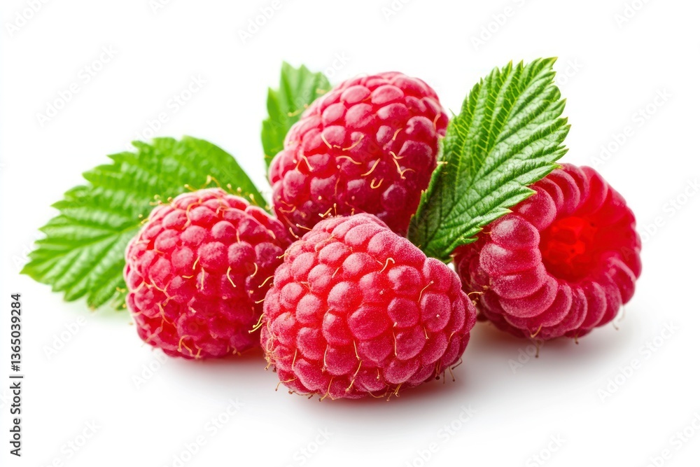 Fresh Raspberries with Green Leaves Isolated on White Background Fresh Raspberries with Green Leaves Isolated on White Background