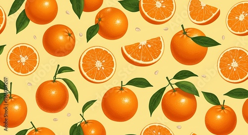 A seamless pattern of vibrant oranges and leaves on a soft pastel background