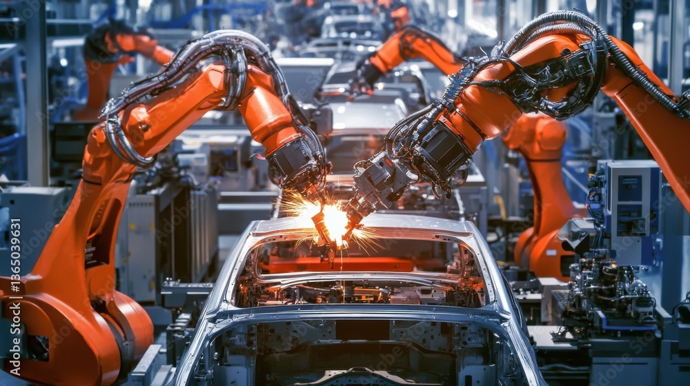 A robotic assembly line in an automotive factory, precision robotic arms assembling a car, industrial setting with metallic tones A robotic assembly line in an automotive factory, precision robotic arms assembling a car, industrial setting with metallic tones