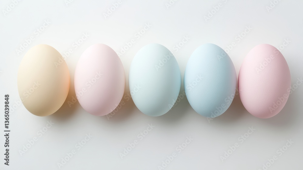 Five pastel-colored eggs arranged in a straight line on a smooth white surface, creating a soft and calming visual display for spring celebrations Five pastel-colored eggs arranged in a straight line on a smooth white surface, creating a soft and calming visual display for spring celebrations