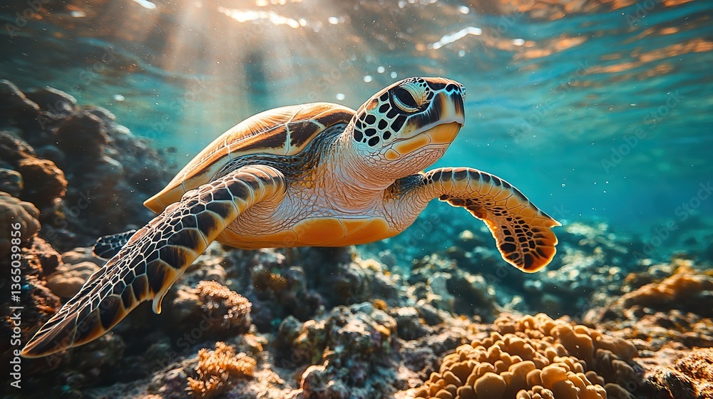 Obraz premium Sunbeams on coral reef, sea turtle gliding-underwater beauty.
