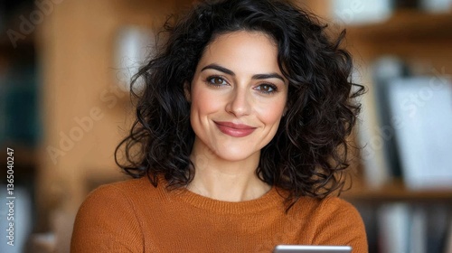 Cheerful and Confident Woman with Curly Brown Hair Posing for a Portrait in a Studio Setting  She is Smiling Happily and Looking Directly at the a Positive and Relatable Mood