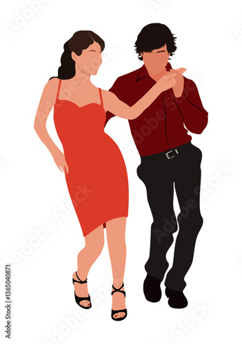 Dancing People, Dancer Bachata, Salsa, Flamenco, Tango, Latina Dance. Dancing couple in dance pose. Cartoon style flat vector realistic illustration isolated