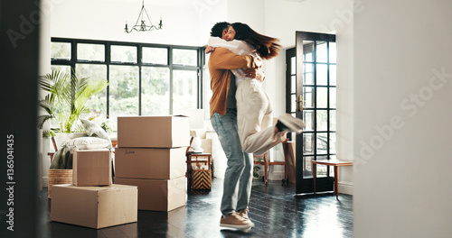 Celebration, hug and couple in new house, real estate and ownership of property with mortgage or lounge. Relocation, happy and people with boxes in living room, investment and purchase with home loan