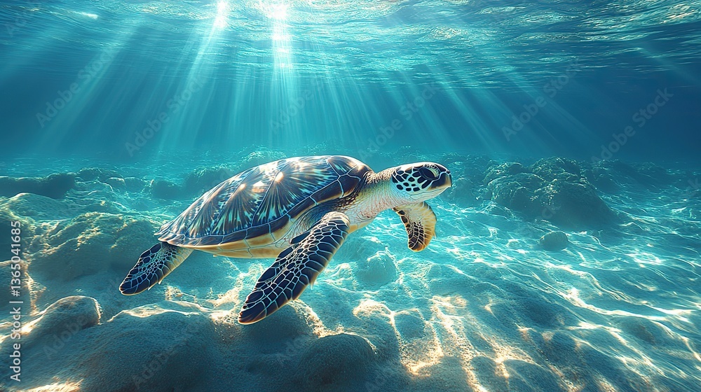 Obraz premium Sunbeams through clear water, solitary sea turtle gliding.