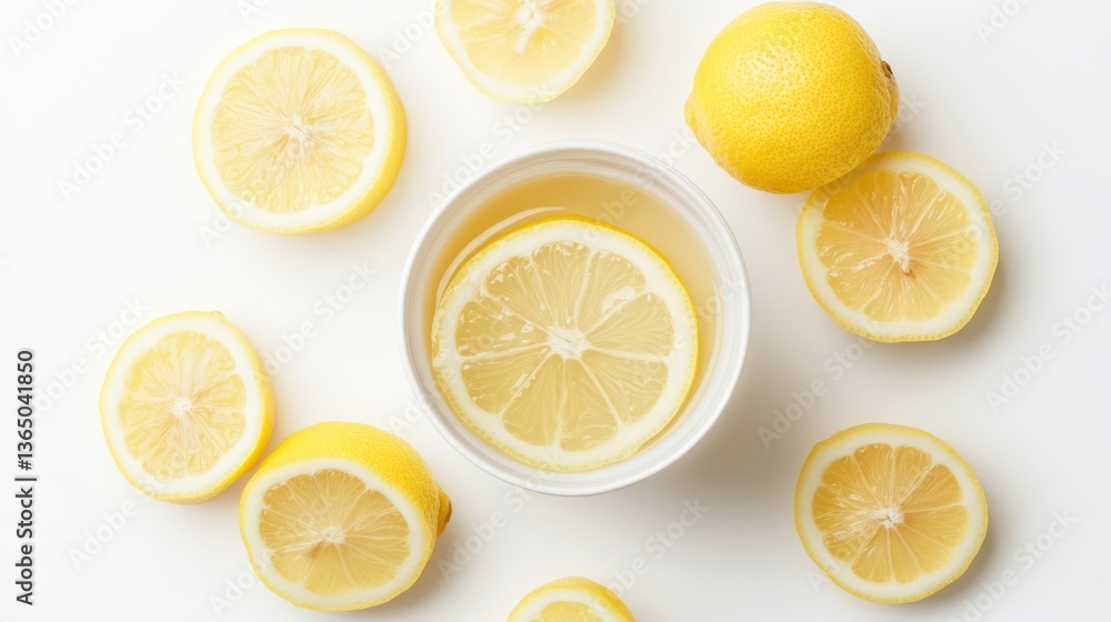 Fresh Lemon Slices and Juice in a White Cup on White Background Fresh Lemon Slices and Juice in a White Cup on White Background