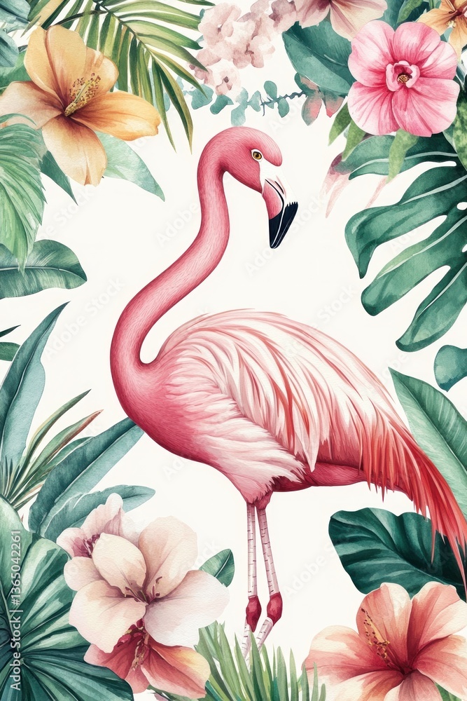Obraz premium A graceful pink flamingo standing amidst tropical flowers and foliage