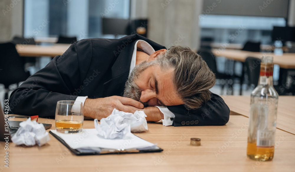 Fototapeta premium Sleeping, drunk, depression. Senior man is in the modern office