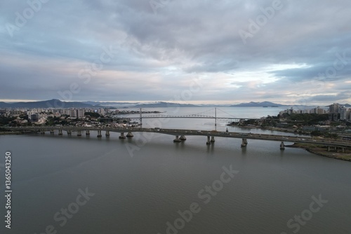 Aerial view of Ponte Hercilio Luz in Florianopolis, Santa Catarina, Brazil. During the morning