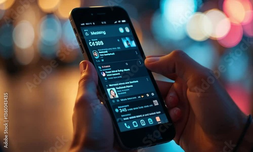 A close-up shot of a hand holding a smartphone, browsing social media at night with a dark theme interface. Blurred city lights in the background create a warm, urban ambiance