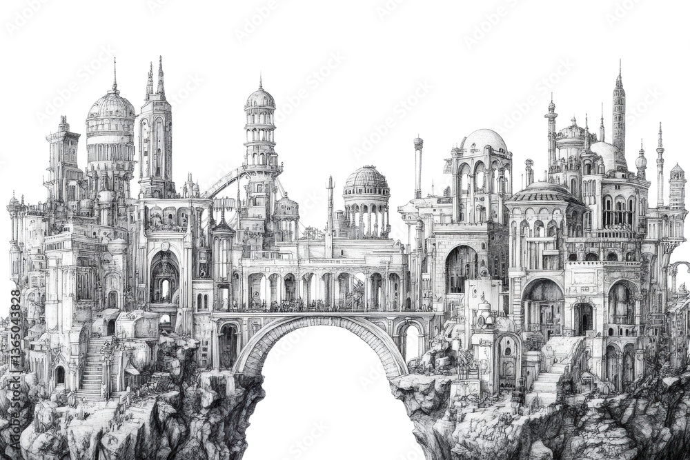 Fototapeta premium Majestic fantasy cityscape surreal aerial imagination cut out