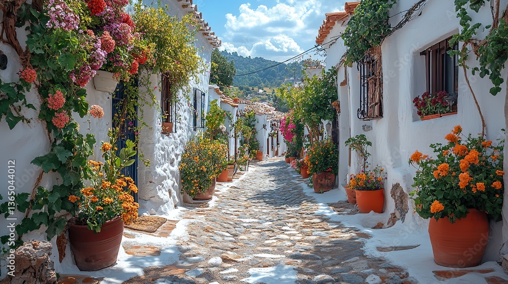 Obraz premium Sunlight bathes a quaint alley, illuminating whitewashed houses with vibrant flower pots, creating a serene and inviting atmosphere in a traditional Mediterranean village.