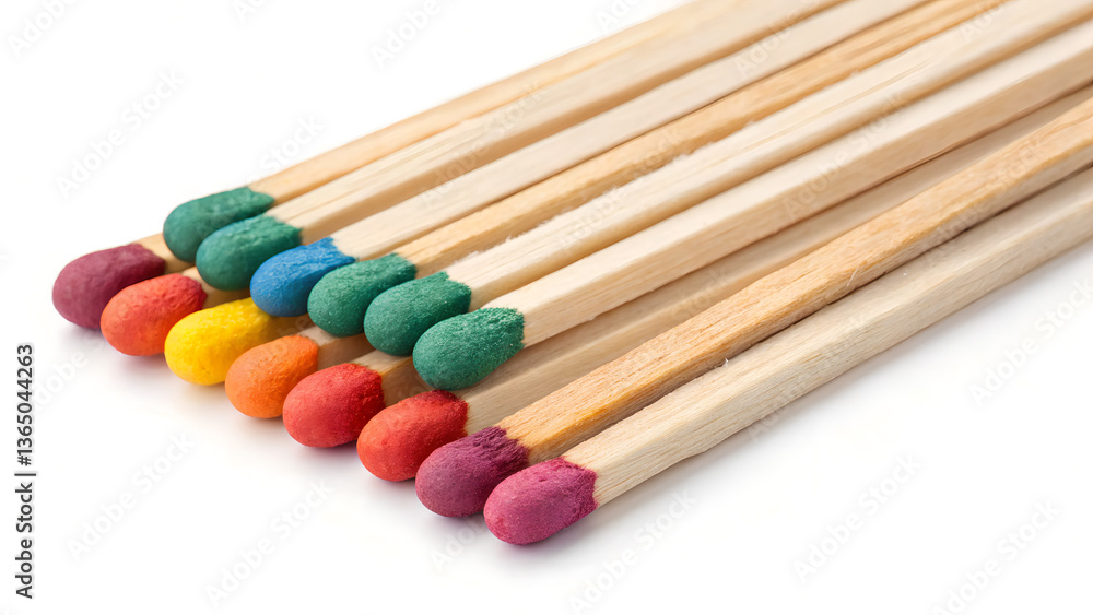 A bundle of wooden matches with colorful heads isolated on a white background, perfect for fire-related designs A bundle of wooden matches with colorful heads isolated on a white background, perfect for fire-related designs