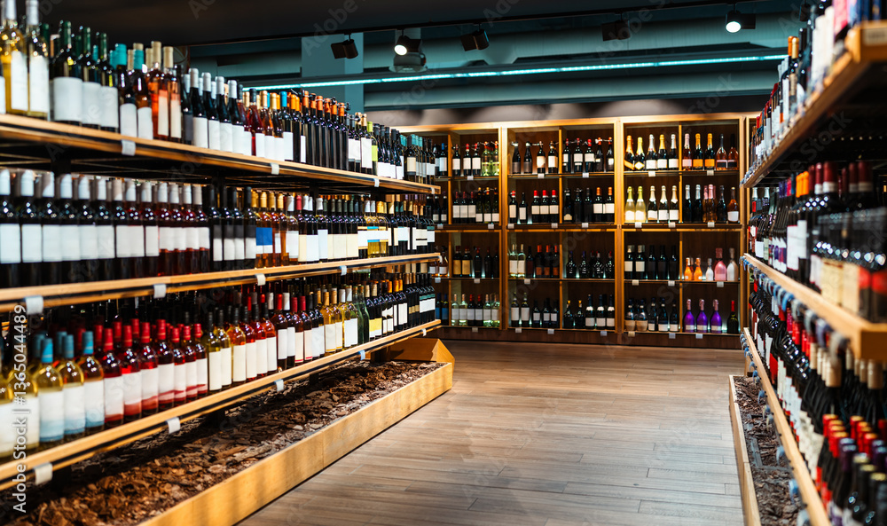 Liquor store background. Wine bottles on shelves in wine shop. Liquor store background. Wine bottles on shelves in wine shop.