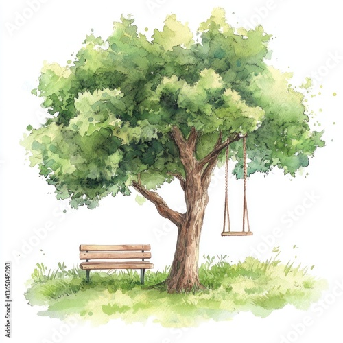 A watercolor painting of a tree with a swing and bench