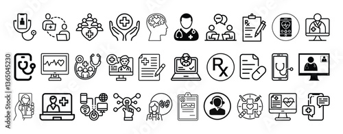 Telemedicine, Digital Health, Online Doctor Consultation and E Prescription icon set collection vector design.