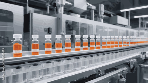 Automated Pharmaceutical Production: Orange Liquid Vials on Conveyor Belt in Modern Factory, chemical factory vector 
