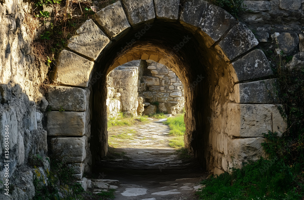 Fototapeta premium Venture through an ancient stone archway that opens a gateway to timeless architectural wonders magnificently