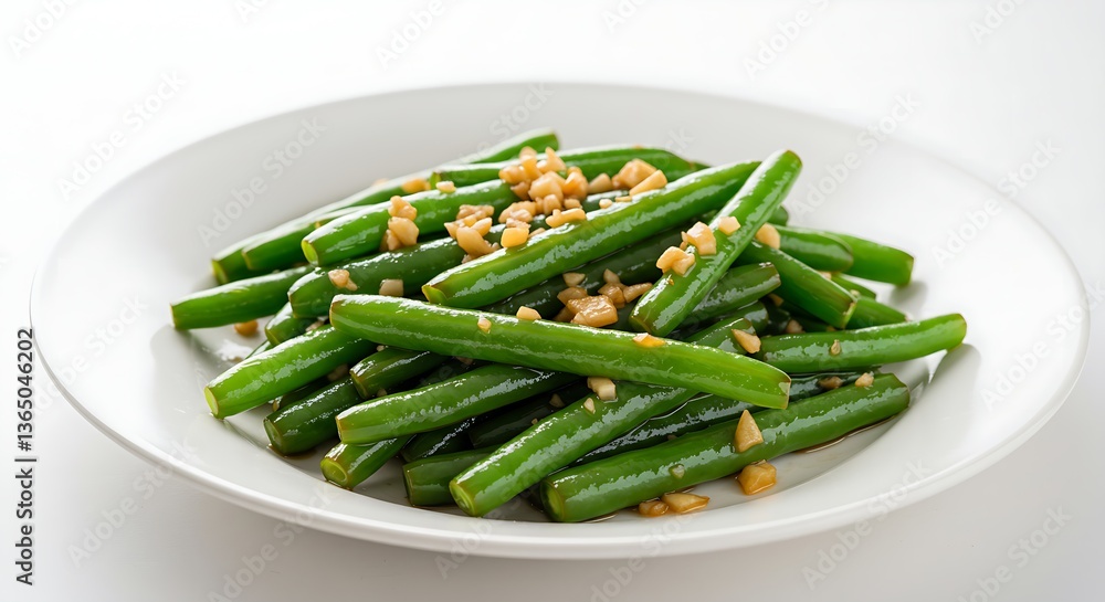 A serving of stir-fried Chinese green beans with garlic on a white dish A serving of stir-fried Chinese green beans with garlic on a white dish