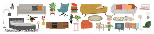 Set of home furniture, interior decor, house plants for living room, bedroom. Armchair, sofa, bed, chair, lamps, pillows, chest of drawer. Flat vector illustration isolated