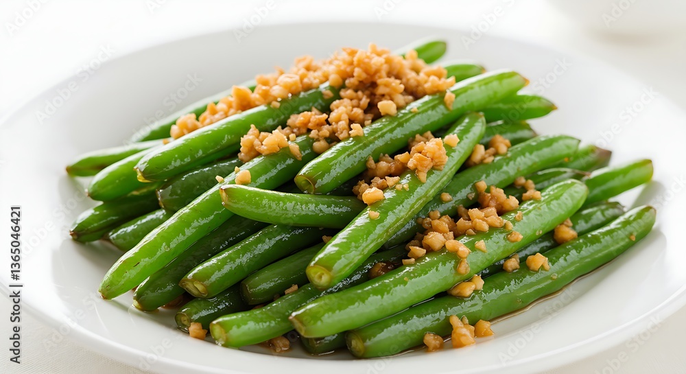 A serving of stir-fried Chinese green beans with garlic on a white dish A serving of stir-fried Chinese green beans with garlic on a white dish