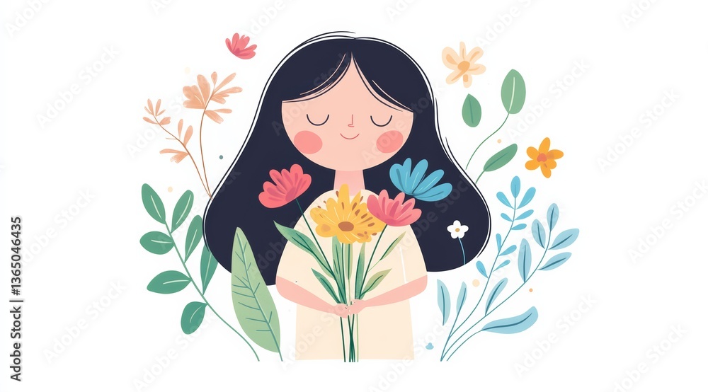Cute Girl Holding Colorful Flower Bouquet Surrounded by Spring Blossoms and Floral Elements Cute Girl Holding Colorful Flower Bouquet Surrounded by Spring Blossoms and Floral Elements