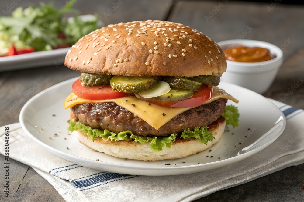 Classic Cheeseburger with Lettuce, Tomato, and Pickles Classic Cheeseburger with Lettuce, Tomato, and Pickles