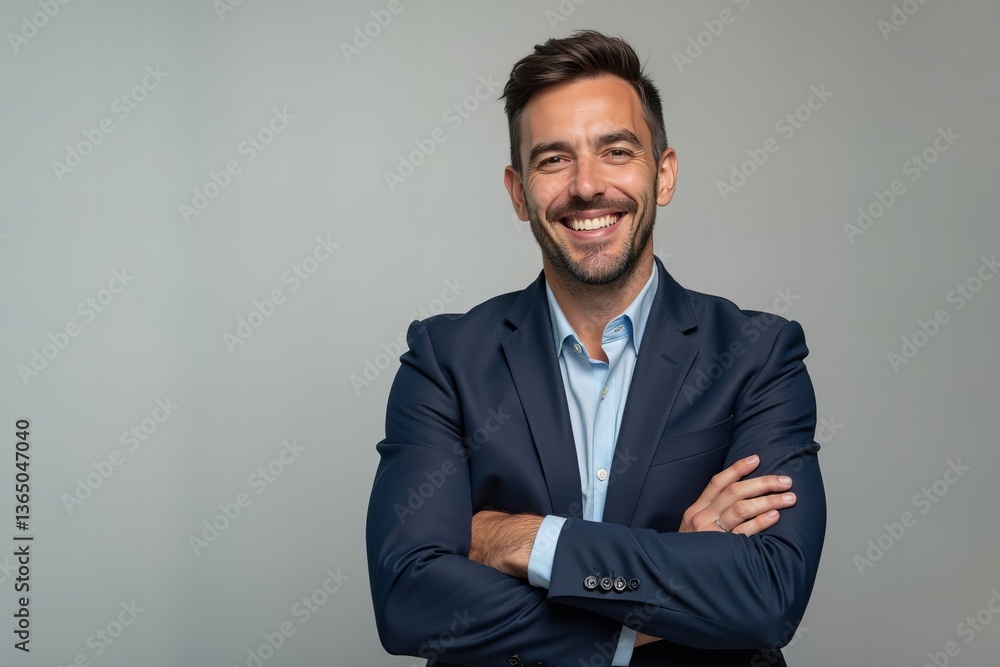 Confident Businessman Stands with Crossed Arms and Warm Smile, Radiating Professionalism in Close-Up Portrait Confident Businessman Stands with Crossed Arms and Warm Smile, Radiating Professionalism in Close-Up Portrait