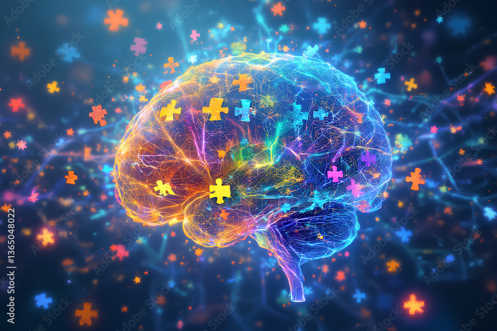 Conceptual artwork showcasing human brain surrounded by puzzle pieces for autism awareness Conceptual artwork showcasing human brain surrounded by puzzle pieces for autism awareness