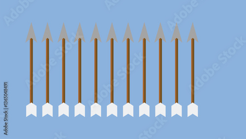  A clean and simple illustration featuring a neat row of ten identical arrows pointing upwards against a solid blue background.