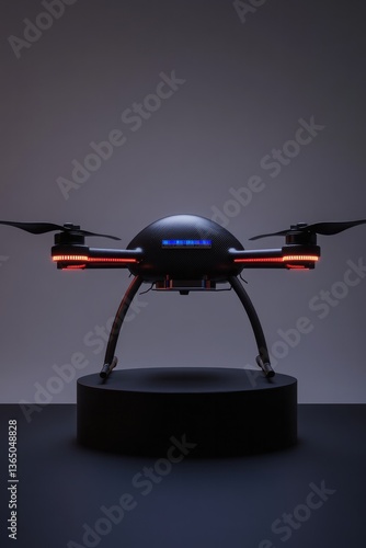 Sleek drone design showcased on pedestal, illuminated by ambient