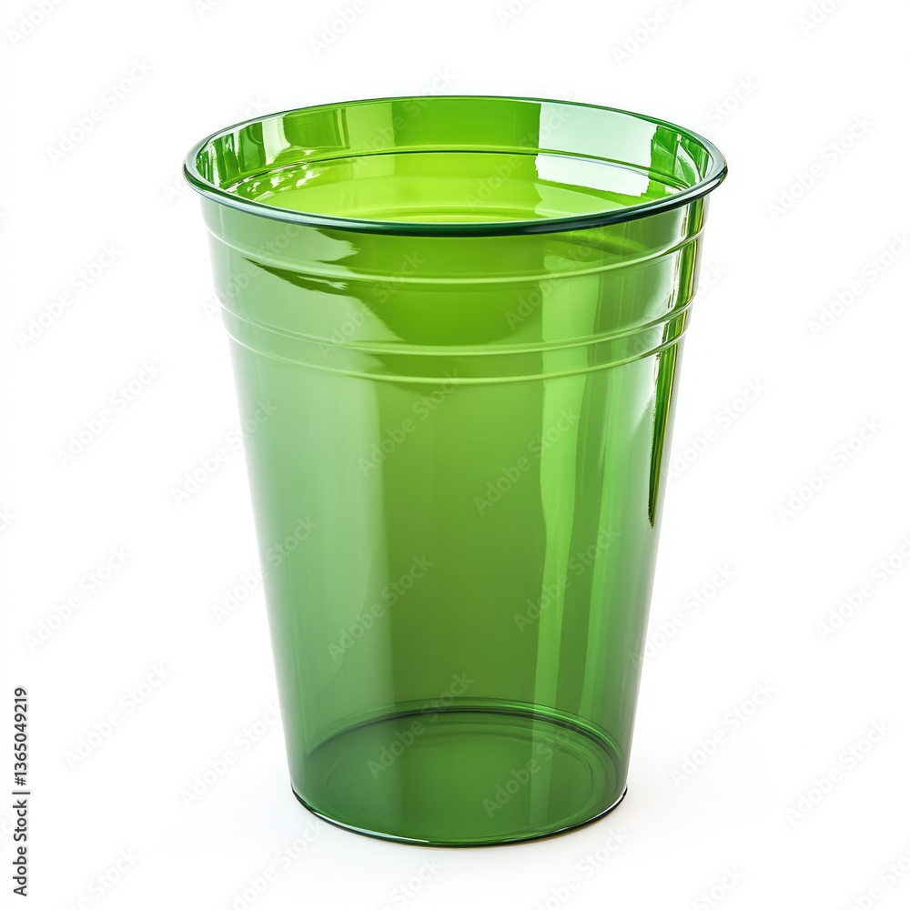A vibrant green plastic cup stands alone against a stark white background A vibrant green plastic cup stands alone against a stark white background