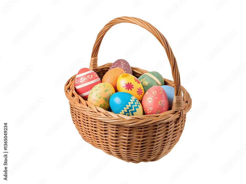 Naklejka premium Colorful painted Easter eggs resting in a rustic wicker basket, PNG cutout with a white transparent background for seamless digital use