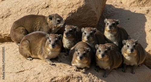 Rock Hyrax Family Group on Rocks in Sunlight