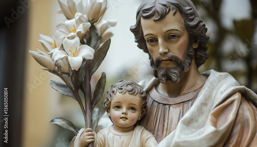 Saint Joseph Statue, Infant Jesus, Lilies, Religious Art, Carved Figure, Fatherly Love, Holy Family,