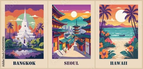 Set of Travel Destination Posters in retro style. Bangkok, Thailand, Seoul, Korea, Hawaii digital prints. Exotic summer vacation, holidays concept. Vintage vector colorful illustrations.