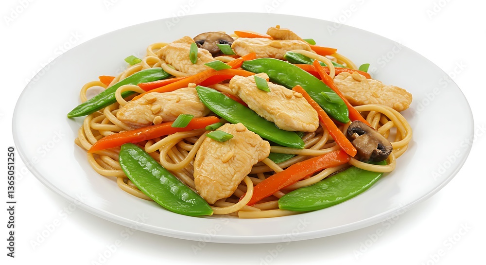 A serving of lo mein noodles with vegetables and chicken on a white surface A serving of lo mein noodles with vegetables and chicken on a white surface