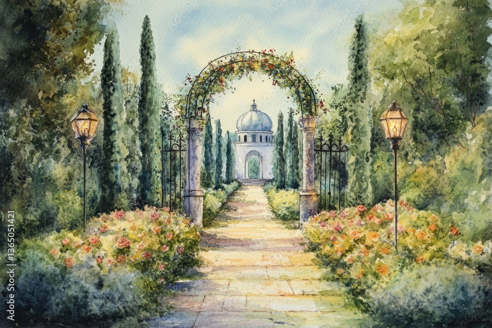 Picturesque garden scene featuring a pathway leading to a gazebo Picturesque garden scene featuring a pathway leading to a gazebo