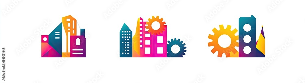 Abstract cityscapes with gears and traffic lights