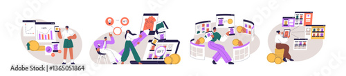 NFT, digital art market concept. Virtual business, trade with non-fungible tokens, blockchains. Artists and electronic cryptographic artworks. Flat vector illustrations isolated on white background.