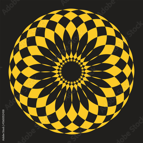 Symmetrical digital artwork with interlocking shapes, a central circle, and radiating lines in a black and yellow checkerboard pattern. High-contrast op art style, creating a starburst effect on a bla