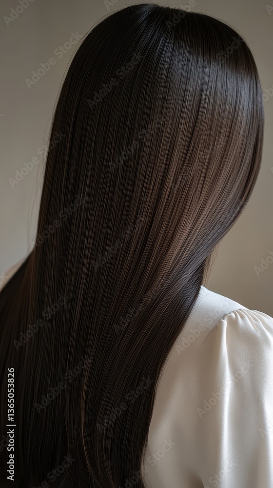 Naklejka premium Beautiful model girl with Brown hair strand,silky healthy chestnut wavy hair strand,hair wavy ribbon, with smooth,Keratin straightening,Treatment,straight long hair,procedures,Smooth hairstyle.