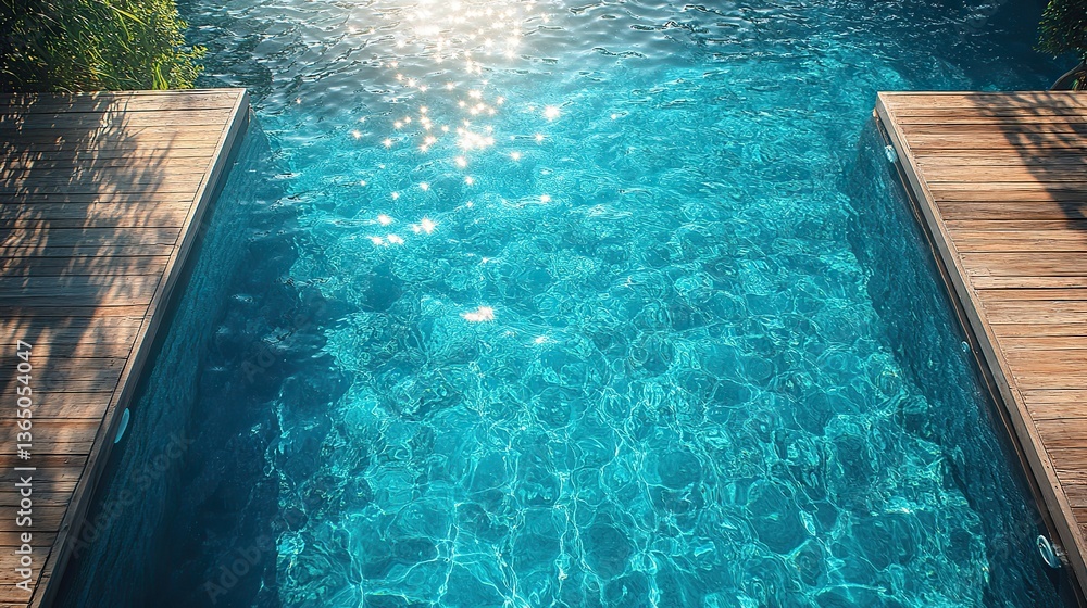 Obraz premium Sunlight reflects off the rippling turquoise water of a pool seen from a wooden deck, a luxurious and relaxing summer holiday atmosphere.