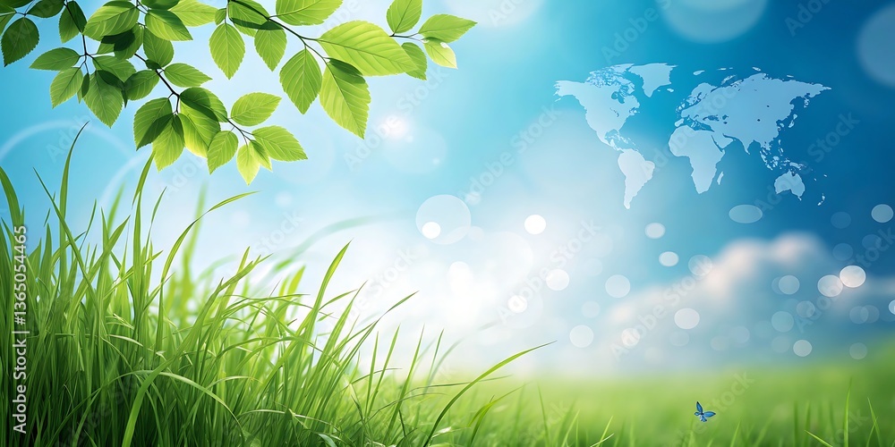 Obraz premium Green Grass and Blue Sky with World Map in a Nature-Inspired Background