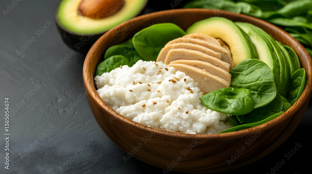 Healthy Low FODMAP Diet Meal: Avocado, Chicken, Spinach and Cottage Cheese Bowl Healthy Low FODMAP Diet Meal: Avocado, Chicken, Spinach and Cottage Cheese Bowl