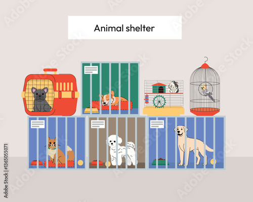 Illustration of an animal shelter with various pets including cats, dogs, a guinea pig, and a bird in cages and carriers. Concept for pet adoption, rescue shelter, and animal welfare. Vector