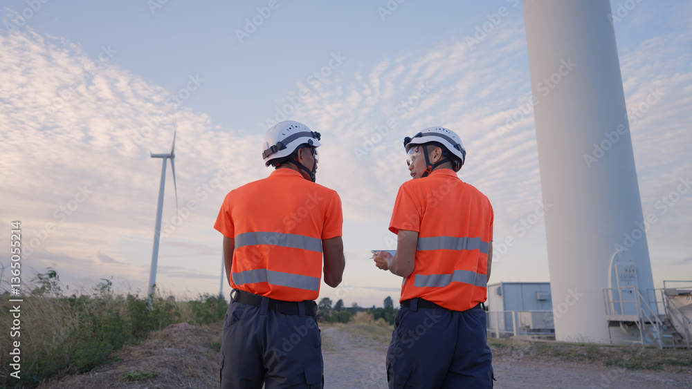 In a wind farm, two Asian inspectors are walking while reviewing data on a tablet to analyze system performance and blade rotation at varying wind speeds. Engineer Wind Turbine. In a wind farm, two Asian inspectors are walking while reviewing data on a tablet to analyze system performance and blade rotation at varying wind speeds. Engineer Wind Turbine.