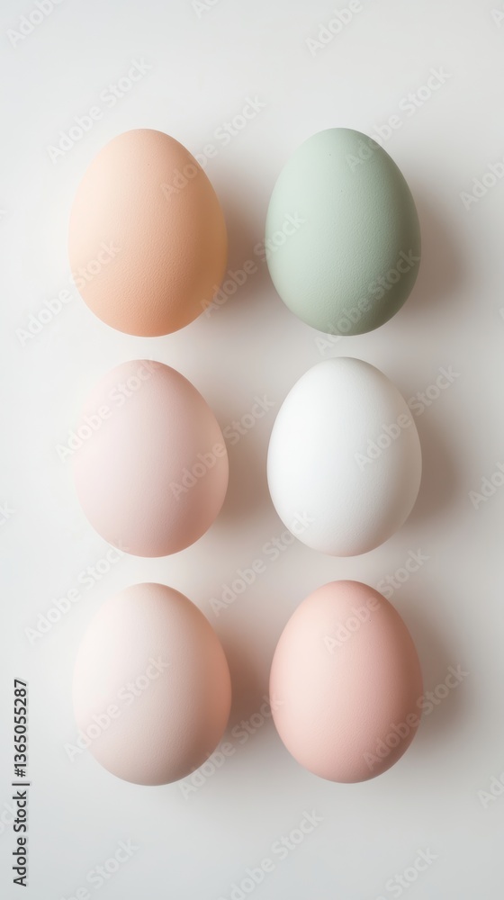 Colorful collection of six eggs arranged in a neat pattern on a light background showcasing pastel hues and natural textures Colorful collection of six eggs arranged in a neat pattern on a light background showcasing pastel hues and natural textures
