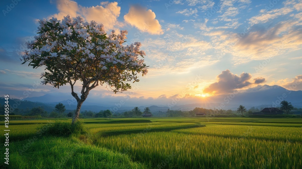 Fototapeta premium Sunset over rice paddy, flowering tree, mountains